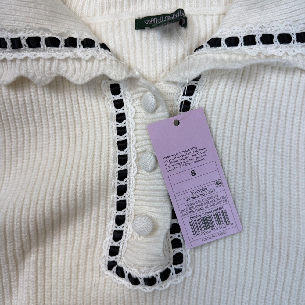 NWT Wild Fable Sweater Women Small Off White Ribbed Puff Sleeve Coquette - Picture 2 of 4